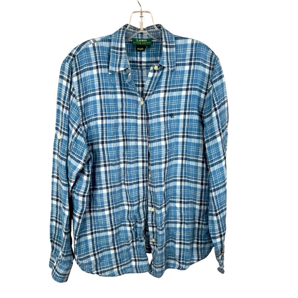 Lauren Ralph Lauren Roll Tab 100% Linen Plaid Button Front Shirt Large